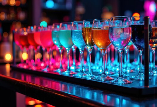 Colorful illuminated cocktails lined up on a bar counter in a vibrant nightlife setting