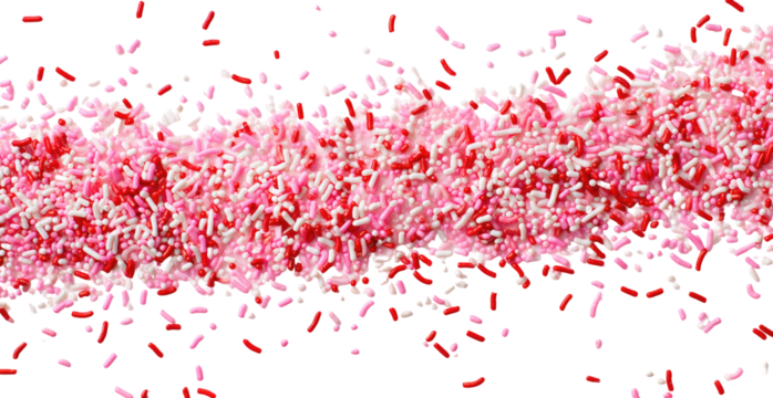Pink and red sprinkles cascade across a black background
