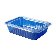 A  blue, rectangular plastic food container.  Stacked  inner and outer layers.  Clear rim