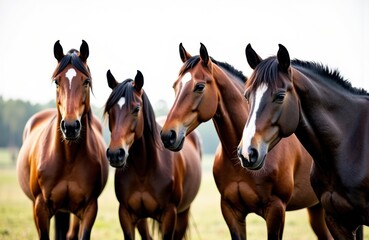 Fototapeta premium Four horses standing together outdoors on a grassy field with a clear sky in the background