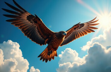 Obraz premium A majestic bird of prey soars through a bright blue sky with fluffy clouds and sunlight shining behind it
