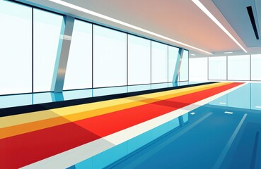 A modern indoor swimming pool with large windows and colorful lane markings