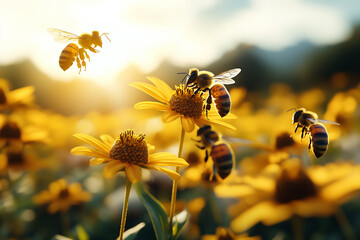 Close-up of bees collecting nectar on vibrant yellow flowers in a sunlit meadow. A detailed macro shot symbolizing pollination, nature, biodiversity, and environmental importance