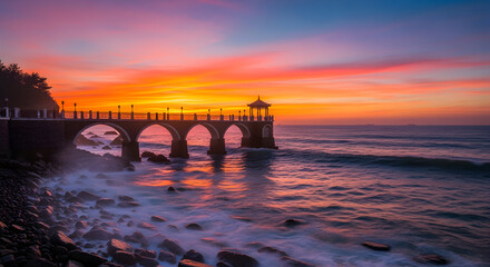 Dramatic Coastal Sunrise Over Arched Promenade and Gazebo, with Waves Crashing on Rocky Shore and Vibrant Sky Reflections