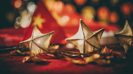 Golden star lanterns glowing against red silk, with scattered chrysanthemum petals for a festive touch.
