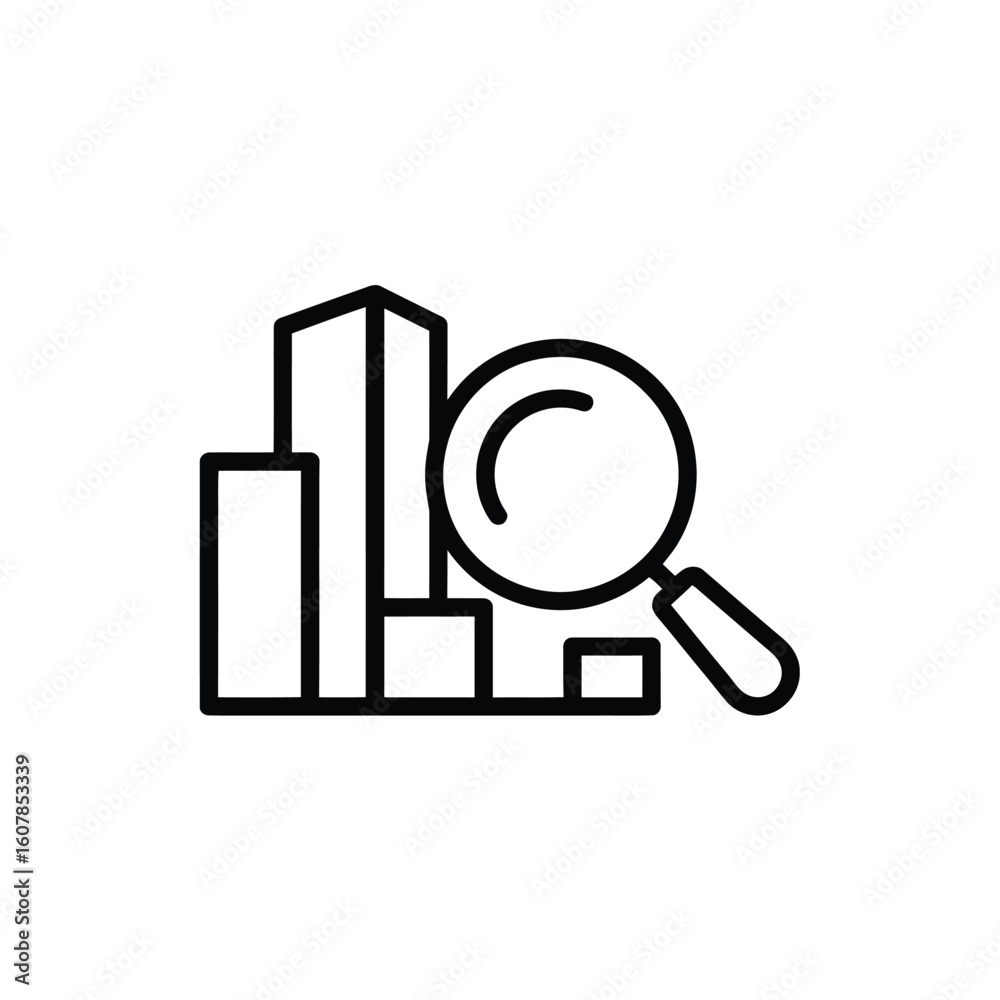 Poster magnifying glass examining a bar graph icon representing data analysis