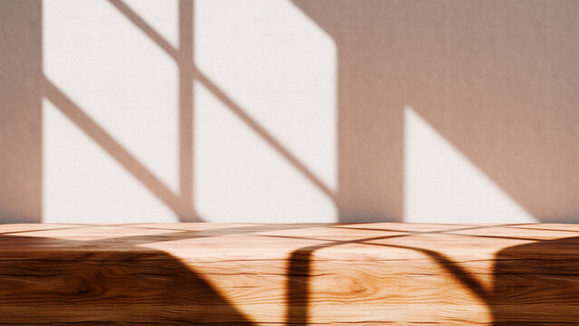 Sunlight Shadow on Wooden Table and Wall Background