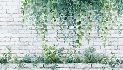 Whitewashed brick wall with cascading greenery