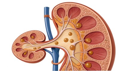 Cross-section of the adrenal glands above kidneys — adrenal cortex releasing cortisol, adrenaline visualized traveling into bloodstream