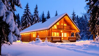 Cozy log cabin bathed in warm light, nestled in snowy forest at twilight