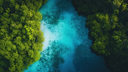 Aerial view azure water, lush green trees framing the shore