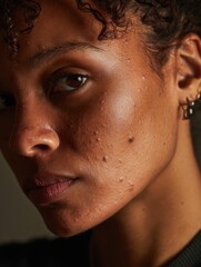 Obraz premium Close-up portrait of a dark-skinned Black woman with visible acne scars, textured pores, and natural skin imperfections.