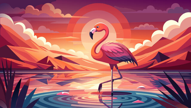 A flamingo stands still in shallow pink water at sunset, its reflection glowing beneath its curved neck - Powered by Adobe