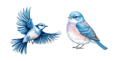 Watercolor painting of bluebirds isolated on white background.
