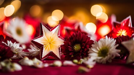 Golden star lanterns glowing against red silk, with scattered chrysanthemum petals for a festive touch.
