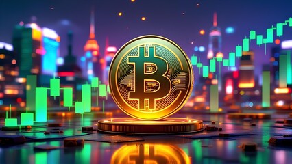 Fototapeta premium Golden Bitcoin coin shines amidst glowing city skyline and rising stock charts