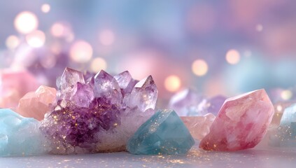 Sparkling crystals, pastel background, bokeh lights, spiritual healing, website banner