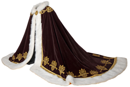 Buy luxury velvet cloak with faux fur trim and gold embroidery for cosplay or formal events online now on transparent background