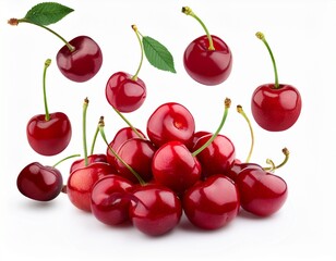 cherry cherries isolated fresh cherries falling down isolated juicy red cherries tumbling in mid air cherries dropping from above in motion isolated ripe cherries scattered while falling
