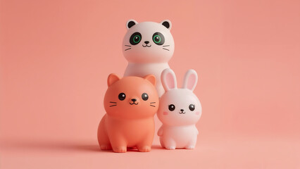 3D stack of kawaii animal toys—cat, panda, bunny—in pastel tones with glossy surfaces, peach-orange gradient background, soft bloom lighting, and ultra-cute minimal styling.