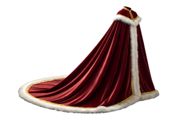 Luxury red velvet cape with white fur trim perfect for santa claus costume or christmas royalty attire on transparent background