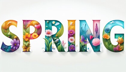 word spring written with colorful nature and flowers images inside the letters text isolated on white background