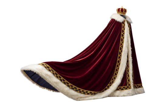Royalty king crown and robe costume clothing apparel luxurious velvet cloak majestic regal attire fashion on transparent background