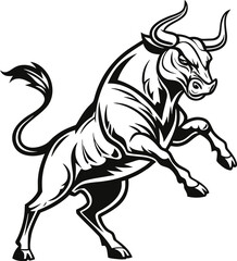 Aggressive Bull Vector Illustration - Powerful Animal Mascot Black and White Art