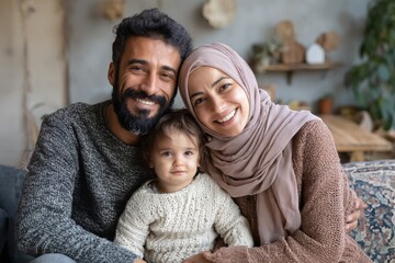 Fototapeta premium Family portrait featuring a smiling couple with a child, showcasing warmth and love in a cozy living room with natural decor and soft lighting, capturing a joyful moment together