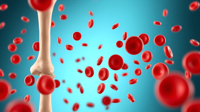A 3d rendering of scattered red blood cells or erythrocytes are prominently featured alongside a femur bone.
