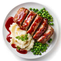 Sliced Meatloaf with Mashed Potatoes and Peas on a White Plate