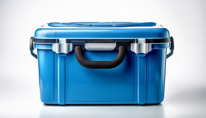 a blue cooler with a sturdy handle stands on a clean white background on white background