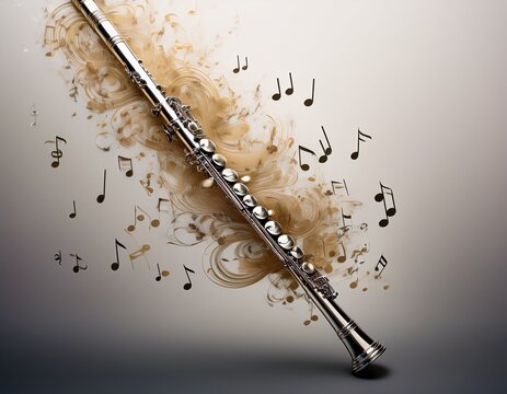 a surreal artistic composition featuring a flute dissolving into music notes against a soft grey background casting a poetic shadow