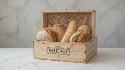 WOODEN BREAD BOX WITH BREAD SELECTION