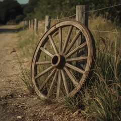 Fototapeta premium Weathered wooden wagon wheel on rural dirt road surrounded by wild grasses and stones