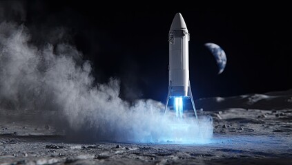 A white rocket launches from the moon
