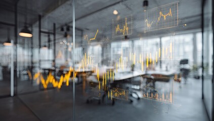 Interior office view through glass. Abstract financial charts overlaid