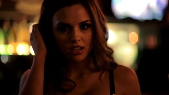 Close up of a woman with dark hair and red lipstick in a dimly lit bar environment setting, lustful woman 