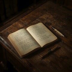 Open antique notebook with worn ballpoint pen on scratched old library table in dim light
