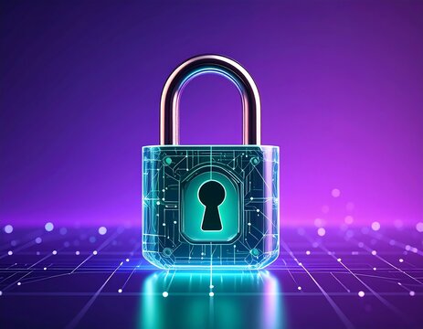 Cybersecurity padlock. Transparent, glowing padlock with circuit board design, on a digital grid backdrop. Neon purple and teal colors