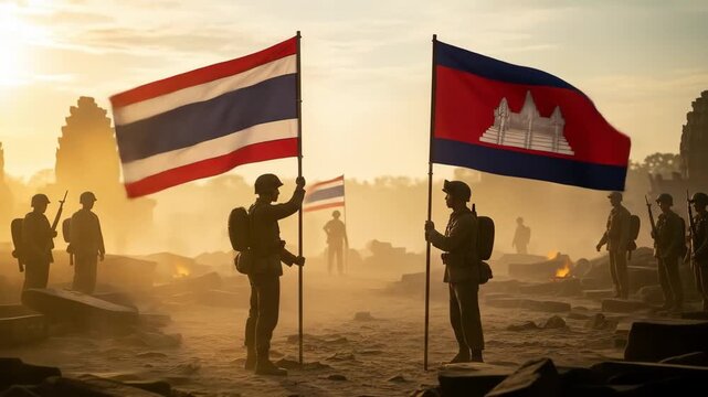 Thailand vs cambodia war, Soldiers holding Thailand and Cambodia flags amidst ancient ruins at dawn, symbolizing historical relations