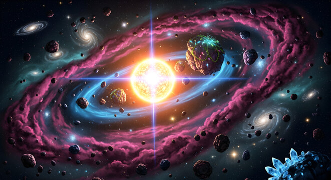 Vibrant Cosmic Nebula with Bright Star and Floating Asteroids in Deep Space, Illustrating Galactic Energy and Formation