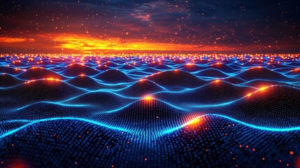 Digital, blue dotted waves under fiery sunset