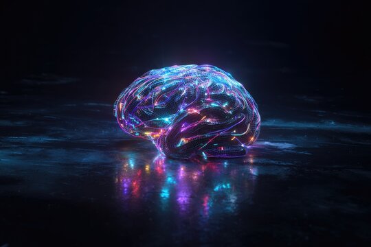 A glowing, digital brain rests on a dark surface - Powered by Adobe