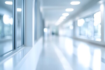 Clean and brightly lit empty hospital corridor featuring a shiny blue floor and white walls, leading towards a distant door in a sterile and quiet environment