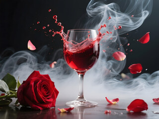 Wine glass splash with drifting red rose petals and white smoke on a reflective surface in dark romantic setting