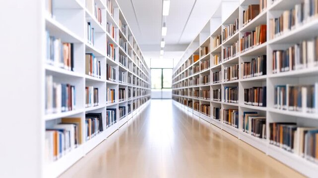 Long Aisle in Bright Library Featuring Rows of White Bookshelves with Various Books in an Educational Setting with Light Wood Floors