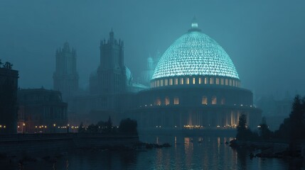 Obraz premium Illuminated Dome, Cityscape at Dusk, Foggy River, Futuristic Architecture, Website Banner
