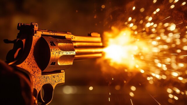 A close up of a revolver firing with sparks and bright light illuminating the scene in warm tones