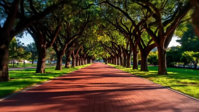 Long Brick Path Under Canopy of Trees in Sunlight Through Green Park with Trees and Lush Grass on Both Sides
